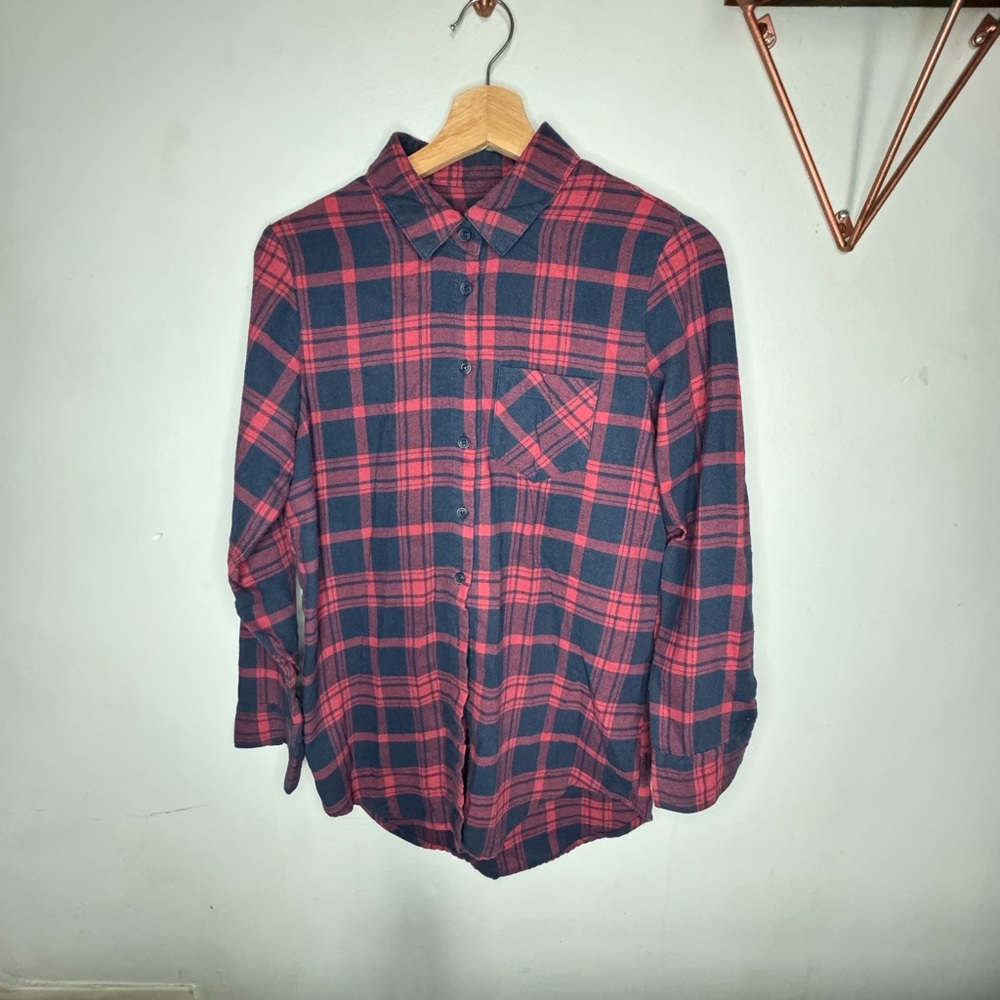XS Free Press Plaid Flannel Red Navy Button Front Long Sleeve Womens Shirt